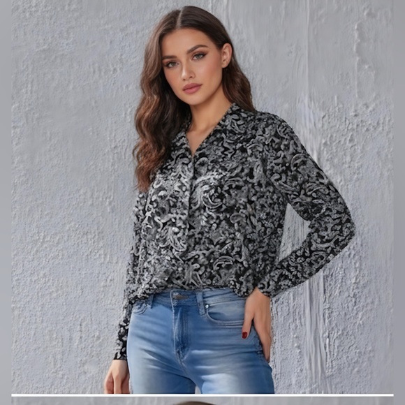 Black And White Paisley Button Down Blouse - Picture 1 of 7